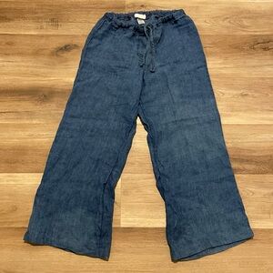 CP Shades Womens Small Blue Linen Drawstring Waist Cropped Wide Legged Pants